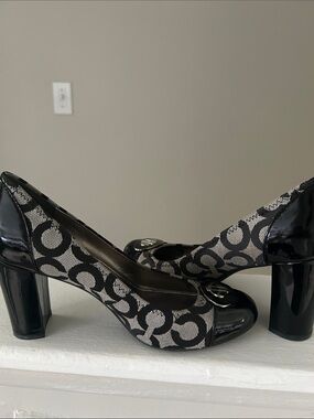 Coach Black and Gray Signature Block Heel Pumps
